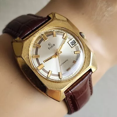 Vintage ELGIN Men's Automatic Watch FHF 905 17Jewels DATE Swiss 1970s • $129