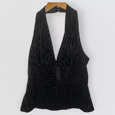 90s Y2K Vintage Halter Top Beaded Velvet Striped Deep V Lined Zipper Size 10 • $35