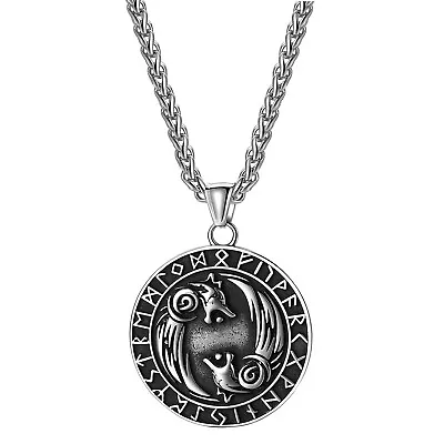 Mens Vintage Norse Viking Rune Fenrir Wolf Head Amulet Medal Pendant Necklace • $13.99