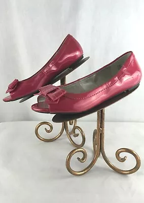 Shiny Hot Pink Open Toe Flat Loafers With Bow 7.5 (6329) • $18