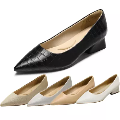 Women Chunky Low Heel Pointed Toe Slip On Office Work Pump Shoes • $25.99
