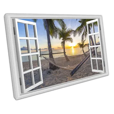 £8.98 • Buy Window View Relaxing On The Beach Hammock Sunset Ready To Hang Wall Art Print