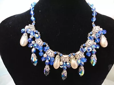 Vtg Miriam Haskell Necklace Gripiox Blue AB Crystal Beads Pearl Bib Drop Dangle • $395