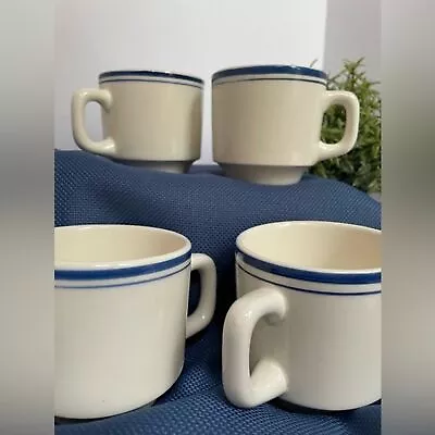 Vintage Restaurant Coffee Mugs Ironstone Blue Stripe Rim Oxford Brazil Set Of 4 • $44