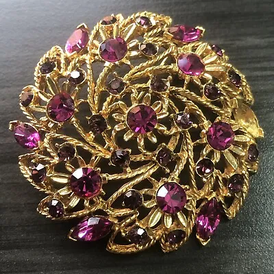 M. Jent Rhinestone & Gold Tone Brooch - M. Jent Fuschia Color Brooch Pin - 2.5” • $9.99