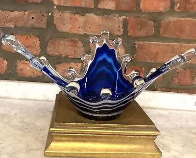 Hand Blown Art Glass BOWL Finger Swung Murano Type Cobalt Blue Sculpture 11 W • $21.24