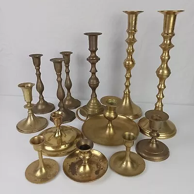 Lot Of 13 Vtg Brass Candlesticks Holders Weddings Events Gold Patina Mixed Sizes • $89.95