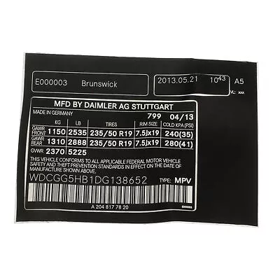 Genuine 2014-2020 Mercedes-Benz GLA250 GLK GLC Vin Label 204-817-78-20 • $54.27