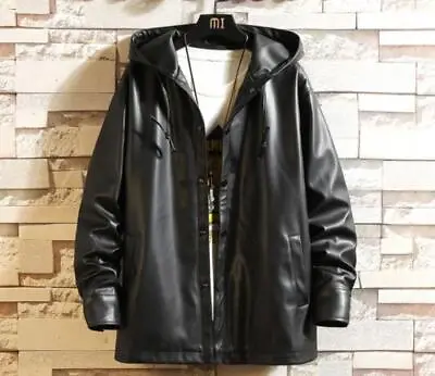 Men's Hood Long Sleeve Loose Coats Casual Faux Leather Coat Jacket Outwear  • $55.84