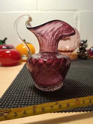 Italy Pitcher Venetian Cranberry Glass Clear Base 5' • $20