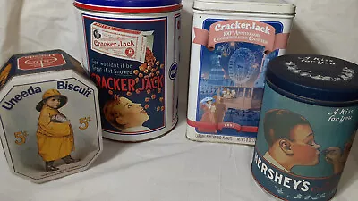 😃 4 Vintage Kitchen Tins Metal Advertising Cans Cracker Jack Hersheys Uneeda • $39.99