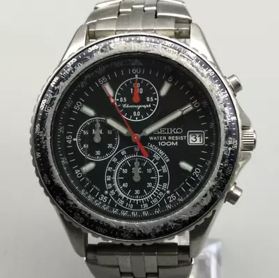 Seiko Chronograph Watch Men Black Dial 100M Date V657-8120 New Battery6.757  • $84.99