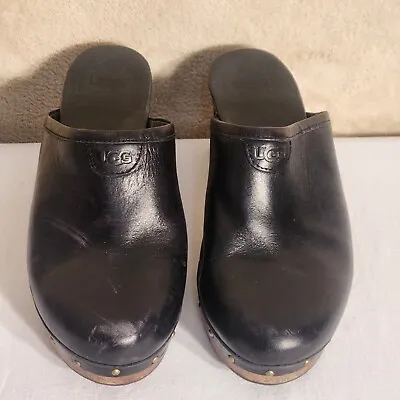 Ugg Abbie Black Leather Sheepskin Studded Mule Clogs 3201 Size US 9 Block Heel • $29.99