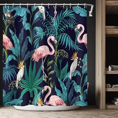 Flamingo Shower Curtain Parrot And Monkey Plant Leaves And Flowers Shower Cur... • $23.12