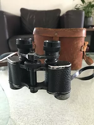 Vintage Military Black Unbranded Binoculars With Original Brown Leather Case • £18.98