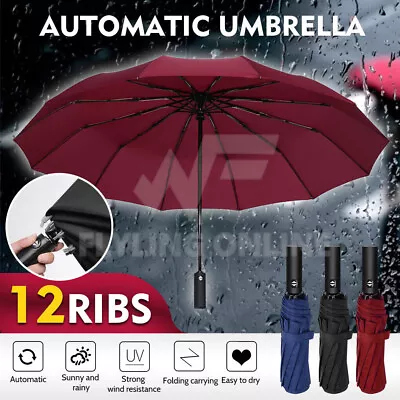 $15.91 • Buy 12Ribs Automatic Folding Umbrella Windproof Auto Open Compact With Fiberglass