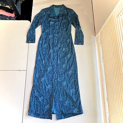 Vintage 1960s Floral Blue Womens Brocade Taffeta Nylon Appliqué Maxi Dress XS/S • $79