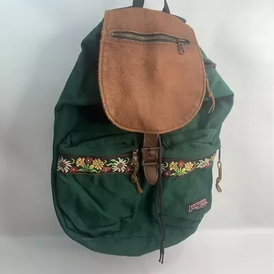 Vintage 90s Jansport Made In USA Leather Bottom Top Backpack Green Floral Embroi • $99.99