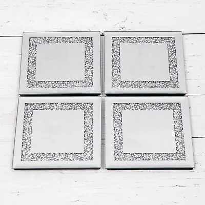 4 Crushed Crystal Silver Square Glass Mirror Coasters Drink Coffee Table Mat Set • £9.95