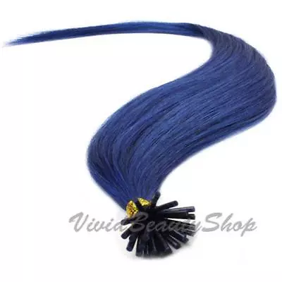 25 Blue Pre Bond I Stick Tip Micro Bead Link Tube Remy Human Hair Extensions 22  • $35.99