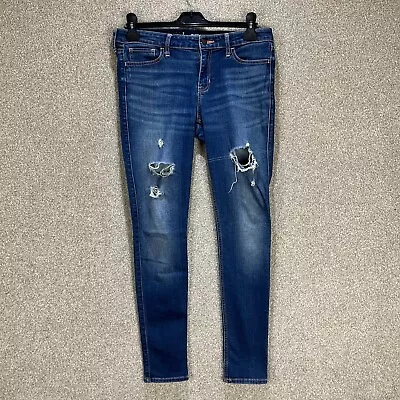 Hollister Super Skinny Jeans 28W Blue Mid Rise Distressed Denim Stretch Womens • £12.43