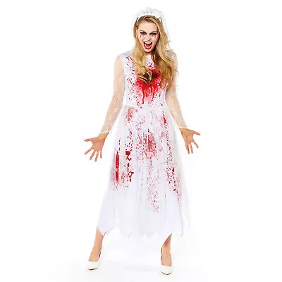 Adult Ladies Zombie Bloody Bride Fancy Dress Halloween Costume Womens Prom Queen • £30.99