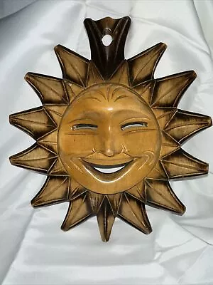 Vintage Carved Wood Smiling Sun Wall Plaque Approximately 10.75”-9.75” • $19.98