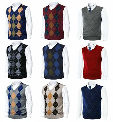 Mens Argyle Sweater Vest Golf Knitted Tank Top V-Neck Sleeveless Pullover Blouse • $23.86