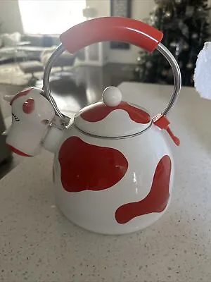 Vintage M Kamenstein Cow Tea Kettle Enamel Whistling Teapot 1992 Unique Red • $34
