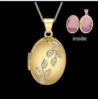 9ct Gold Oval Locket Pendant Necklace Leaves Detail 17 X 13mm Optional Chain NEW • £129