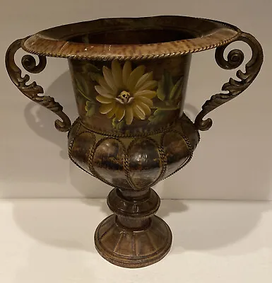 Painted Metal Urn With Handles 16” Tall Patina Beautiful Flower On It!! • $45.95