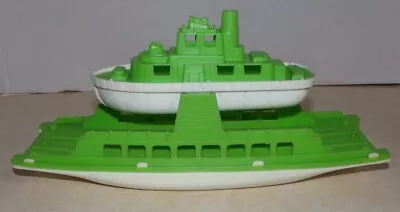 Vintage 11 1/2  Barge & 7  Tugboat  Green White Plastic Toy Boats - Cracked Hull • $8.99