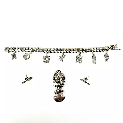 Vintage 925 Sterling Silver Peru Charm Bracelet Inka God Pendant & Earrings Set • $125