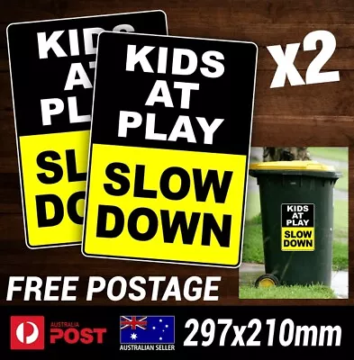 Wheelie Bin Stickers Kids At Play Slow Down X2  Vinyl Decal Sign Garbage Rubbish • $15