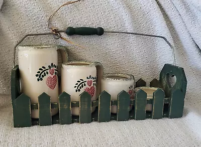 Set Of 4 Rustic Country Hearts Ceramic Measuring Cups Picket Fence Holder Caddy • $20