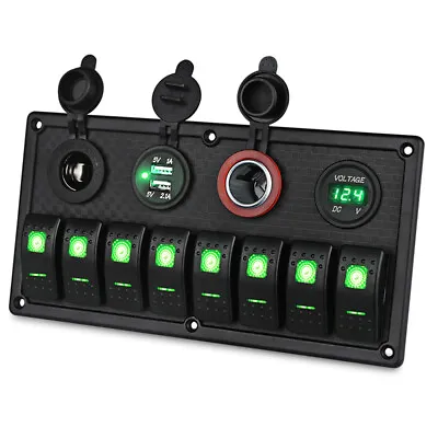 Green 8 Gang Toggle Rocker Switch Panel RV Truck Marine Boat Circuit Breaker 12V • $59.96