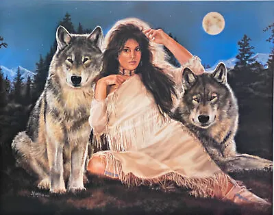 Maija Starlit Night Poster Native American Maiden With Wolves (24x18.5) • $36.95
