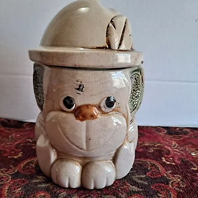 Vintage Thick Heavy Small Monkey Cookie Jar With Feather In Cap 1960 • $40