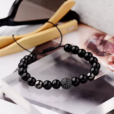 Luxury Men Black Natural Agate Micro Pave Gold Zircon Ball Macrame Bracelet Gift • $6.99