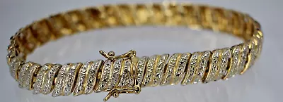 Yellow Gold-Plated Sterling Silver 925 CZ Slant Link Vintage Bracelet 7.25  • $0.96