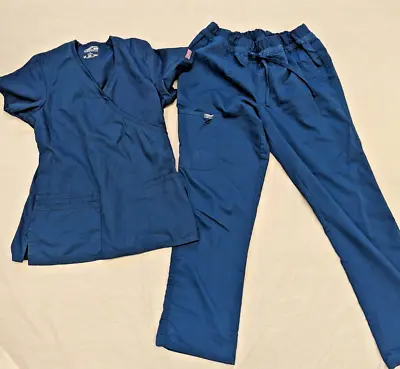 Cherokee Flexible Scrub Top & Bottom Two Pockets Women's Blue Green Medium • $15