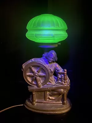 Antique Vintage Art Deco Green Uranium Vaseline Glass Shade Metal Table Lamp • $299