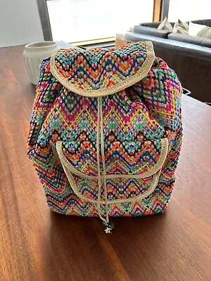 MMM Artesanias Colorful Mexican Woven Cloth Backpack Zippered Pocket BOHO Bag • $12