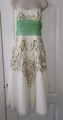 Oasis Princess Ball Gown Prom Dress Mint Cream Strapless Tulle Gold Sequins  12 • £25