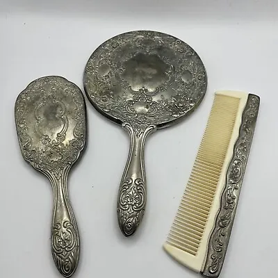 Vintage 3 Pc Vanity Set Hand Mirror - Brush - Comb Silver Plated Rose Ornate￼ • $17