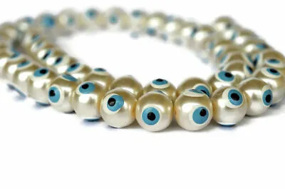 $10.75 • Buy Set Of 50 Evil Eye Beads - 10 Mm Pearl Color Glass Beads - Pearl White Evil Eye