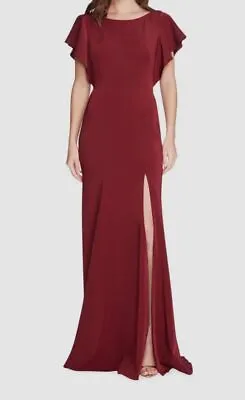 $325 Marchesa Notte Women's Red Boat-Neck Ruffle-Sleeve Slit Gown Dress Size 2 • $104.38
