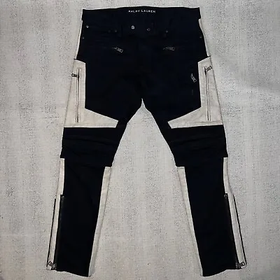 Ralph Lauren Black Label Moto Tactical Zip Leather Trim Denim Jeans Rare 36x34 • $179.19