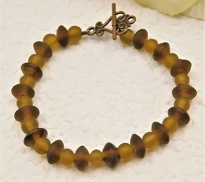 Vintage Frosted Amber Glass Bead Copper Tone Bracelet • $8