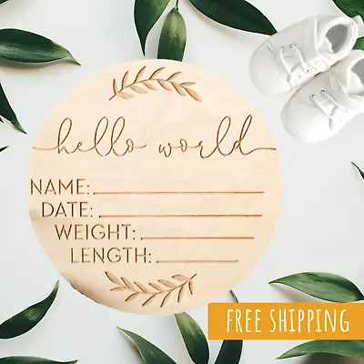 Hello World Birth Announcement Plaque Wooden Disc New Baby Details Welcome Sign • $14.90